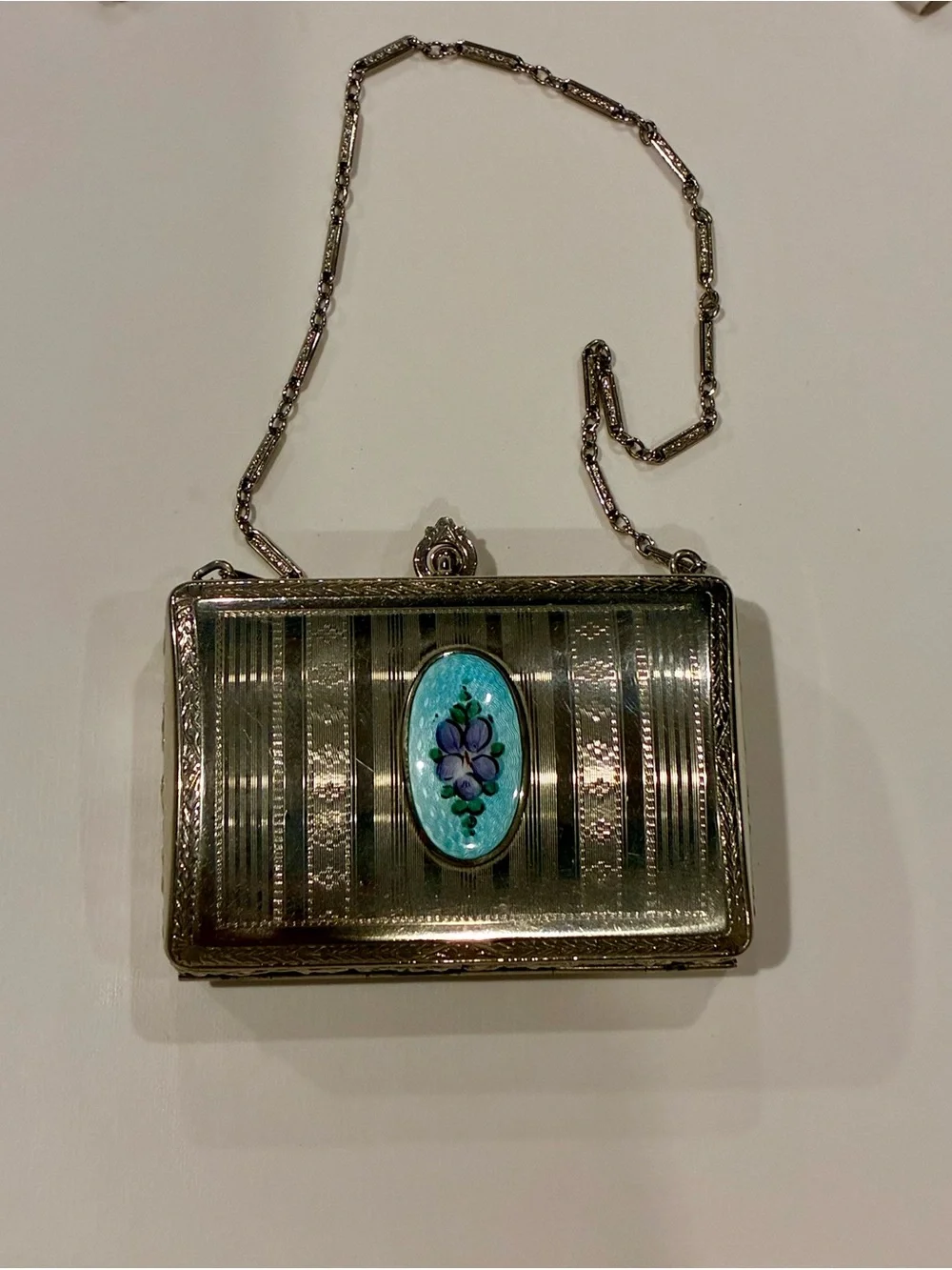 1920s Art Deco guilloché enamel compact dance purse, manufactured by the Finberg